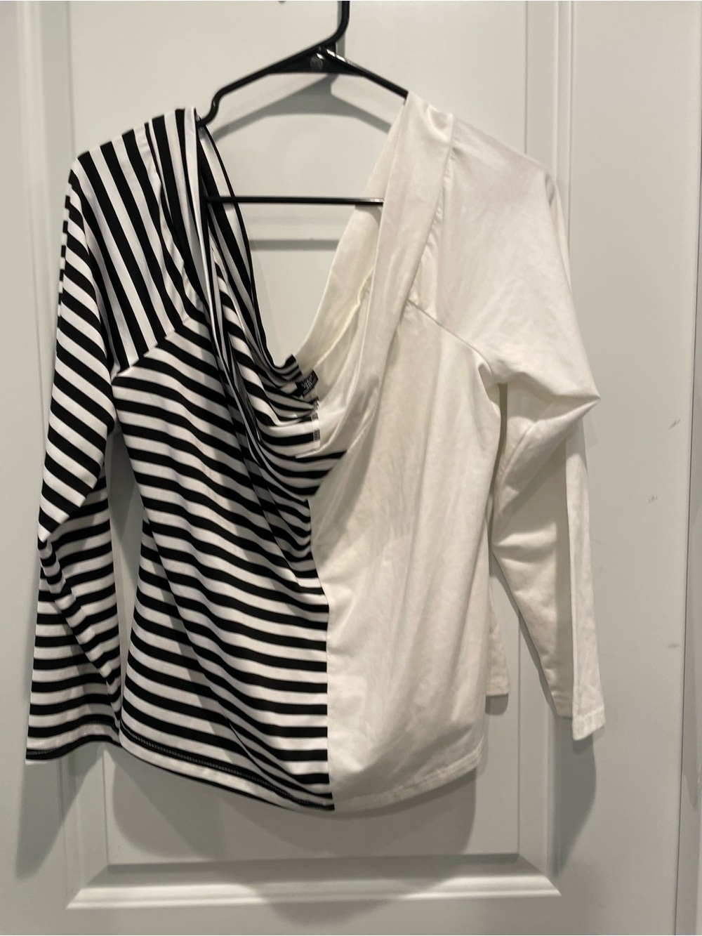 SHEIN Black & White Asymmetrical Draped Long-Sleeve Top